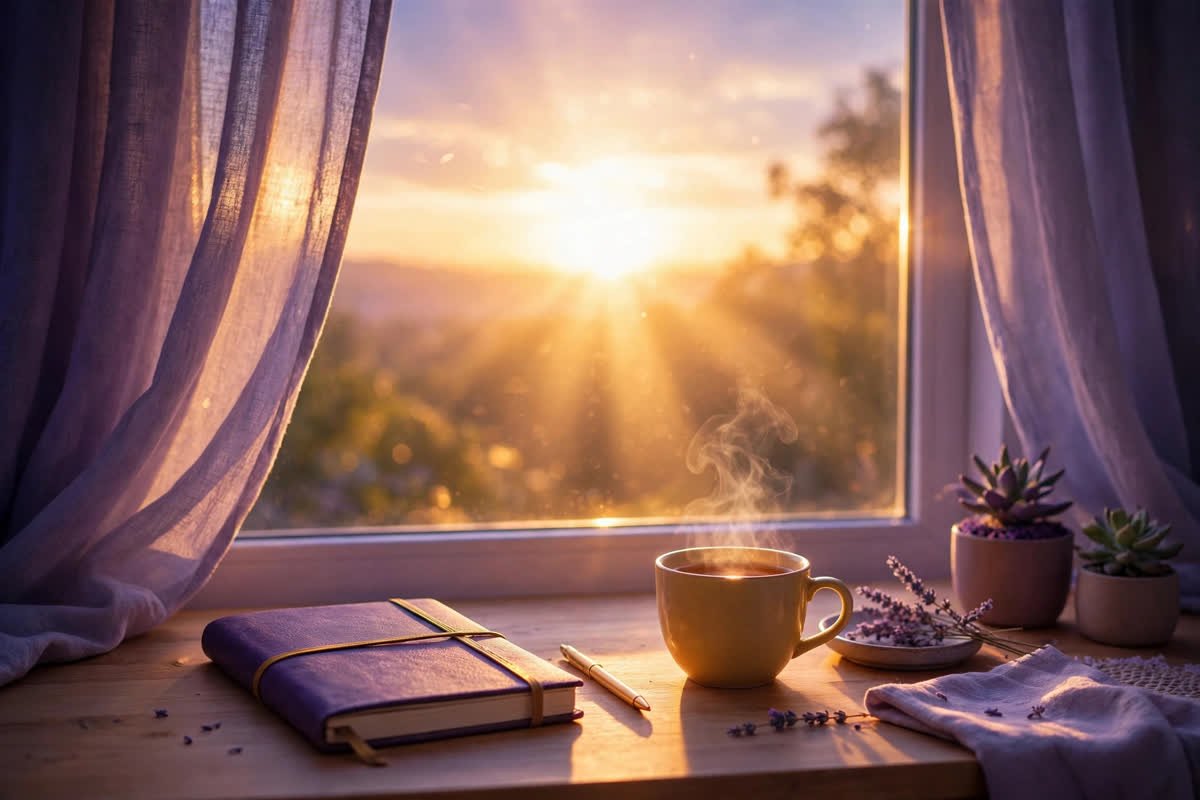 Sunrise over a tidy desk with a closed journal after finishing the 55x5 method