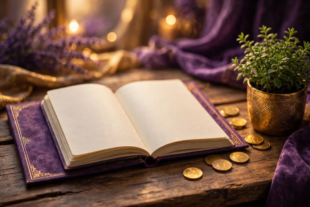 Journal with coins and a plant symbolizing 55x5 money manifestation examples