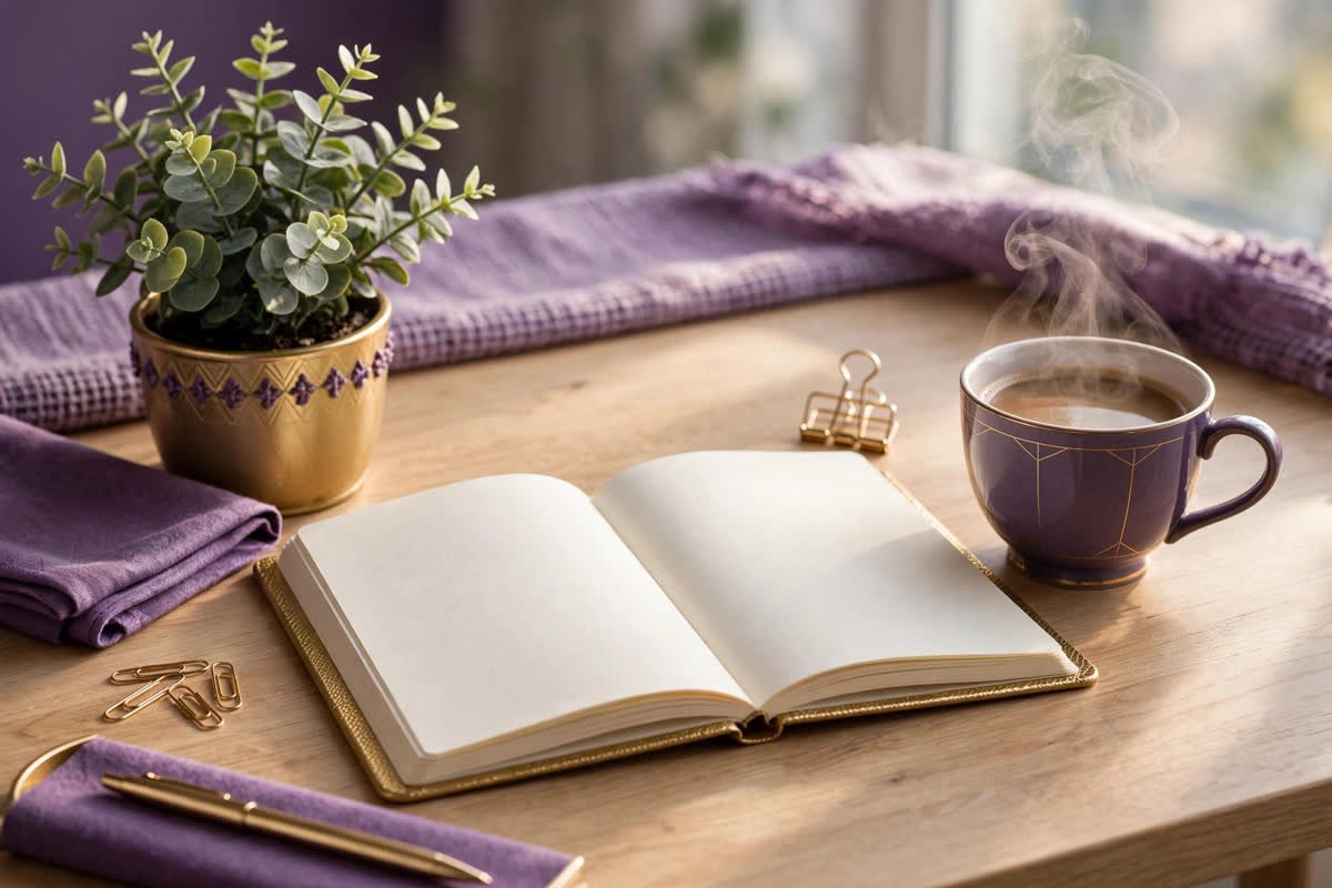 A tidy desk with journal and coffee ready for the 55x5 manifestation method steps