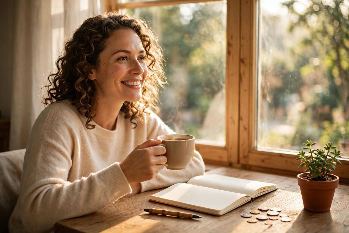 A smiling woman holding coffee by a sunny window with a notebook, coins, and a small plant