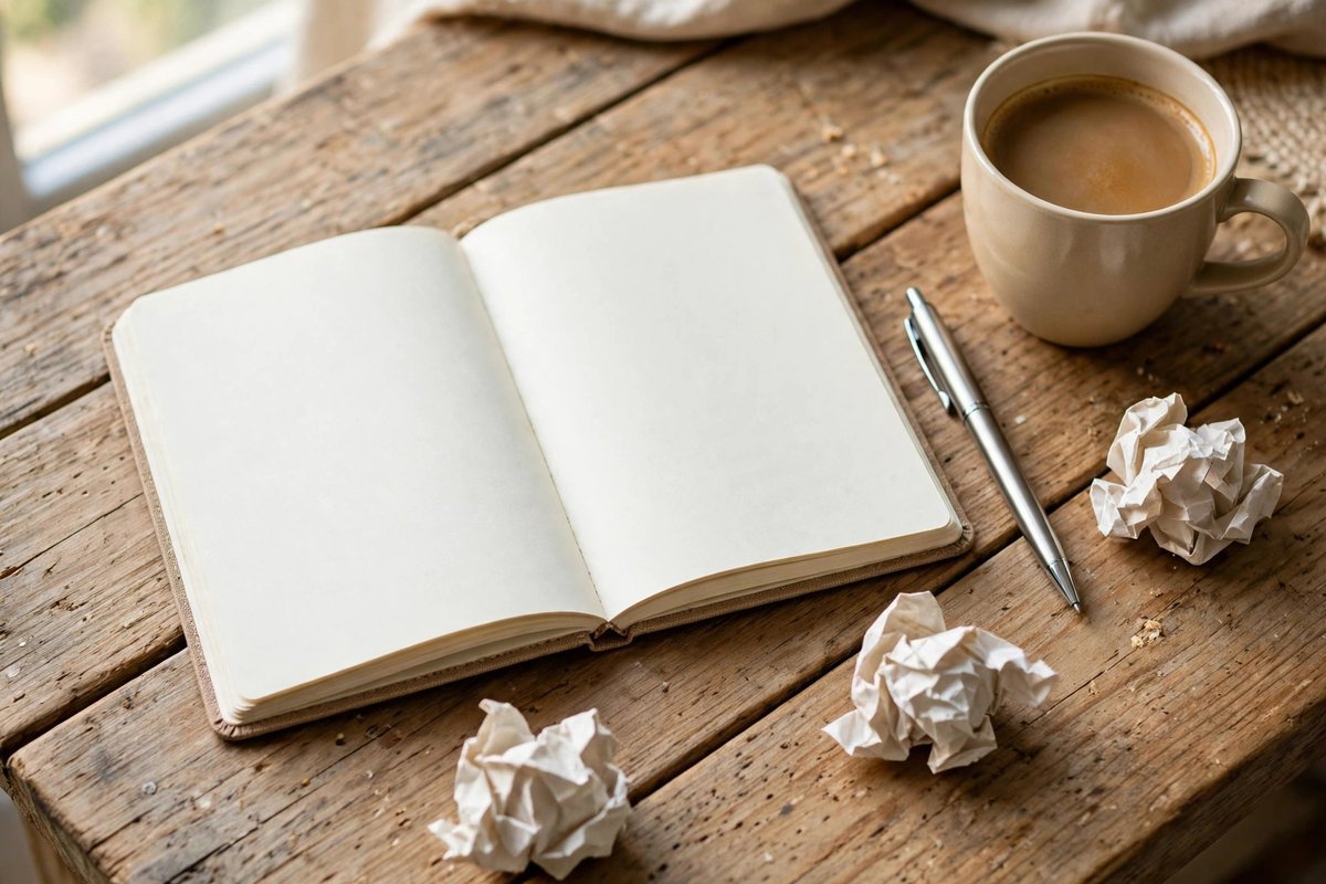 A desk with an open blank notebook, a pen, crumpled paper balls, and coffee