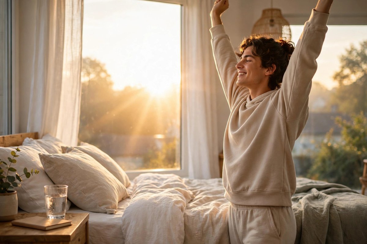 A person stretching happily by a bright window with a glass of water and a notebook