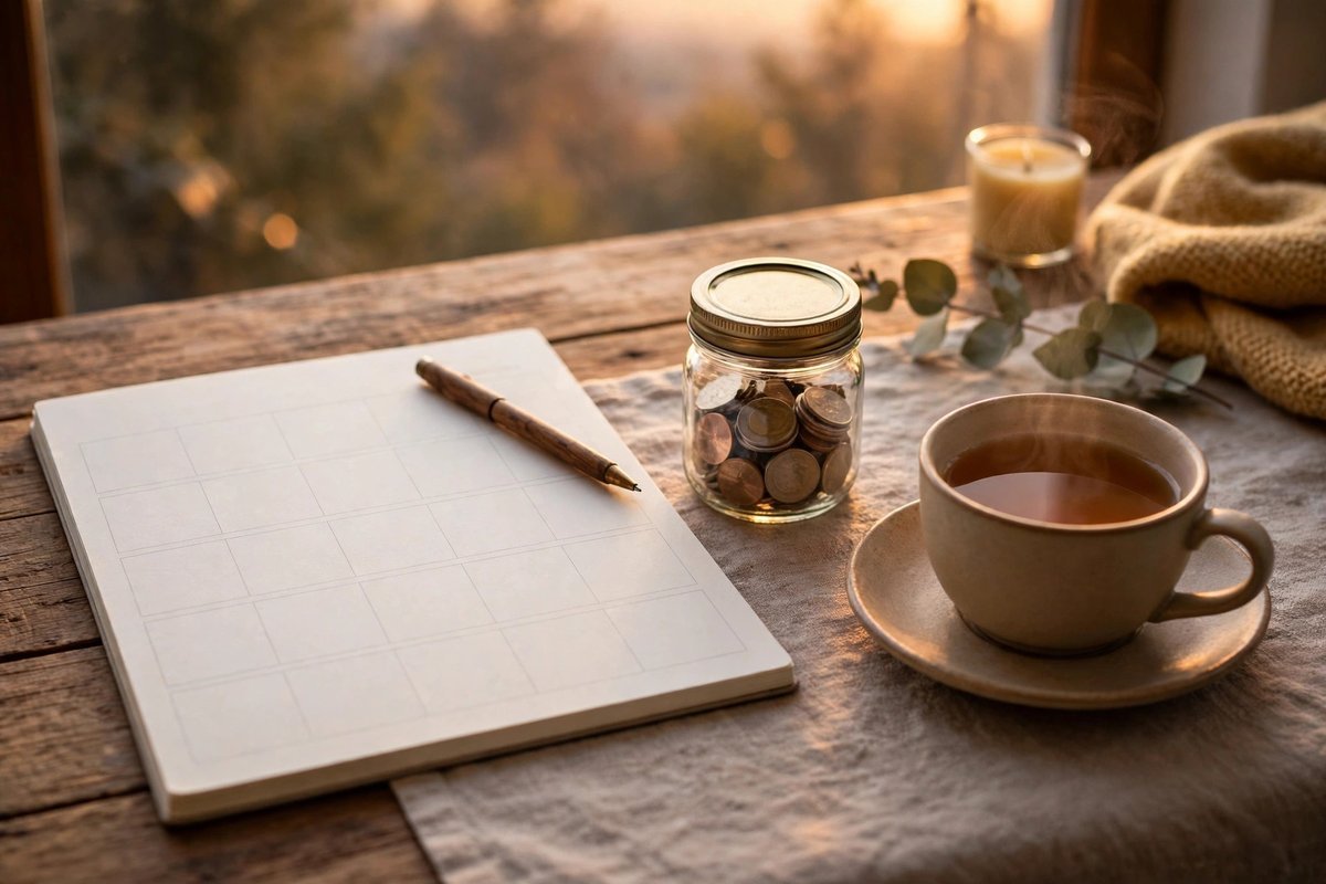 A cozy desk with a blank weekly planner, a pen, a jar of coins, and tea