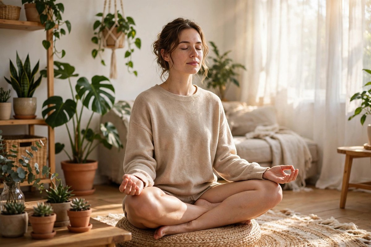 A calm person meditating with eyes closed in a bright room with plants