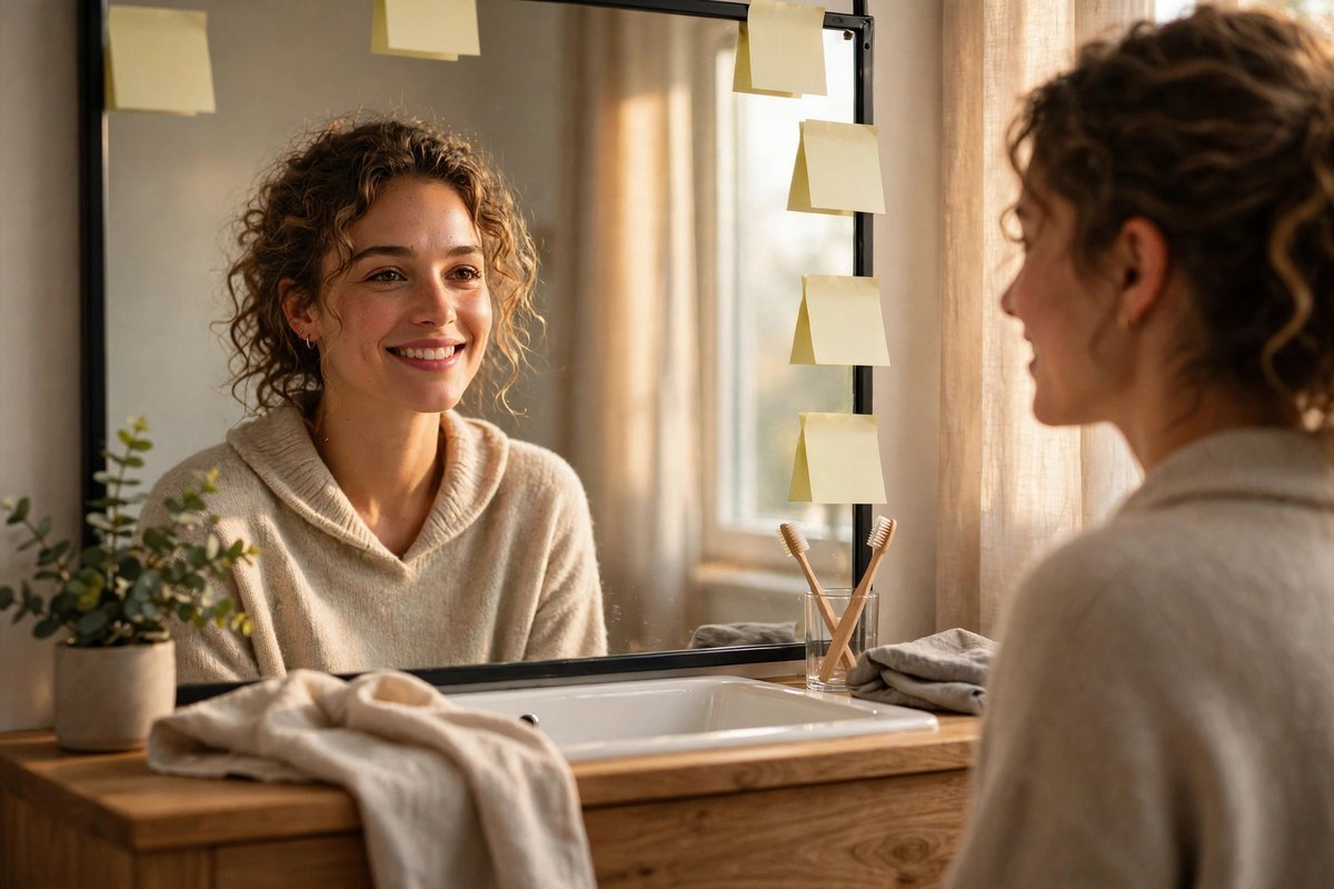A person smiling with confidence in front of a mirror in warm morning light