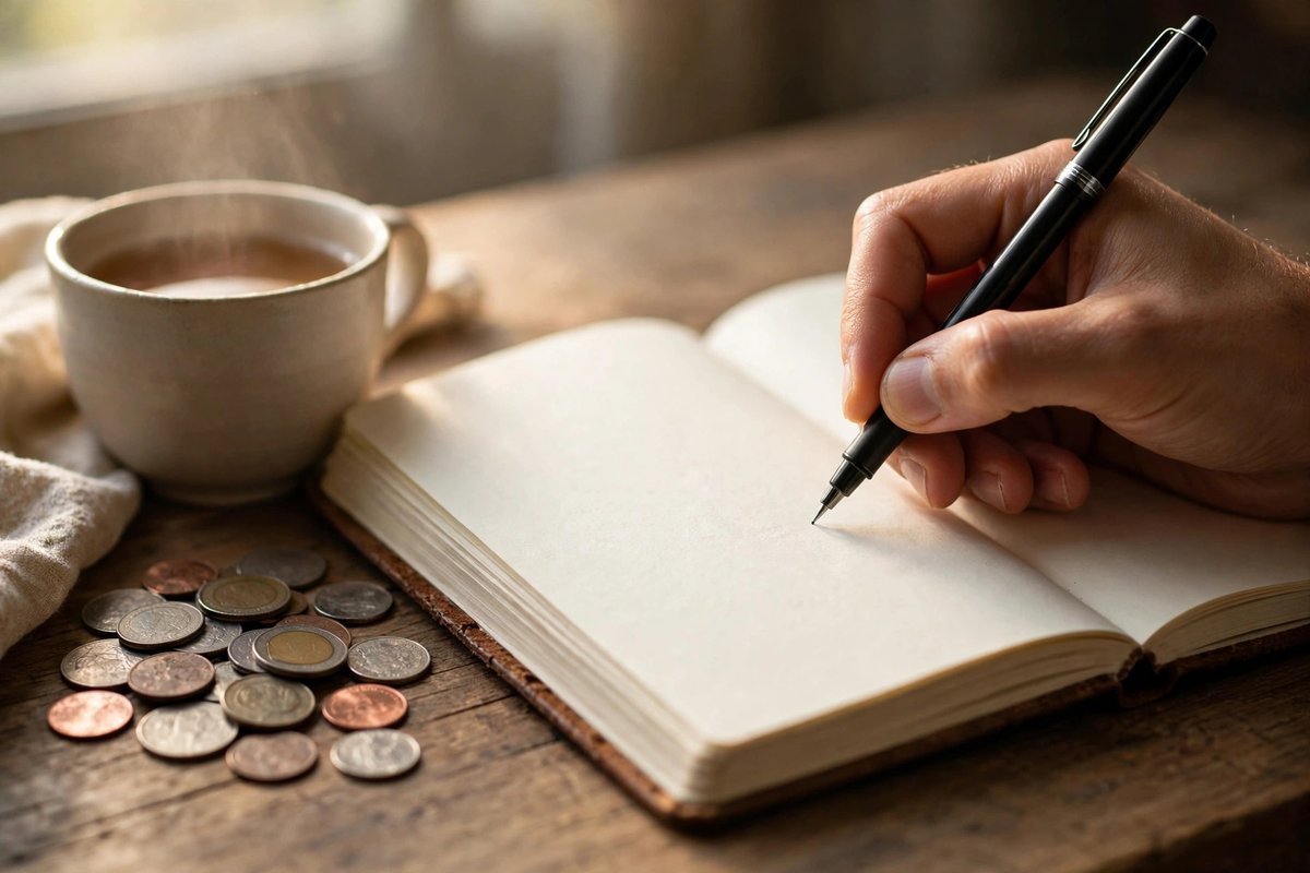 A hand writing in a journal on a desk with coins and a cup of tea
