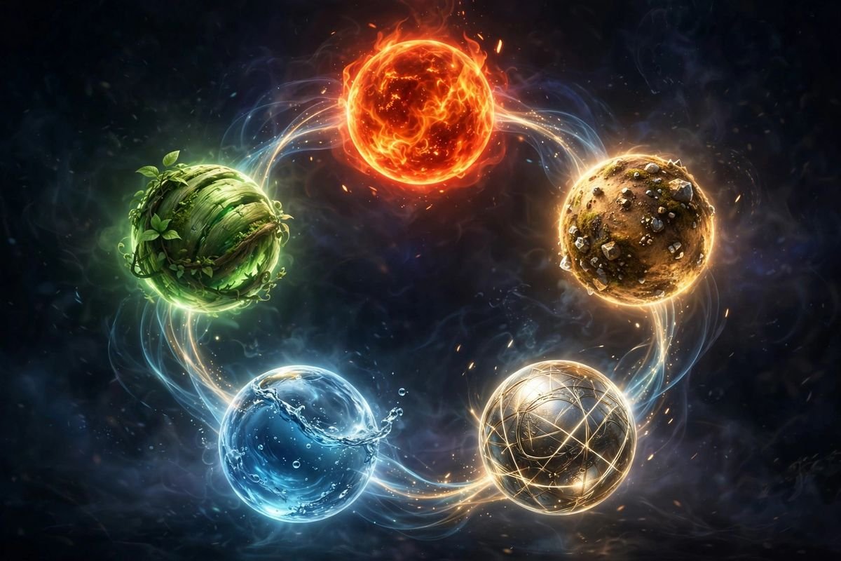 Five elements in Chinese astrology: wood, fire, earth, metal, water