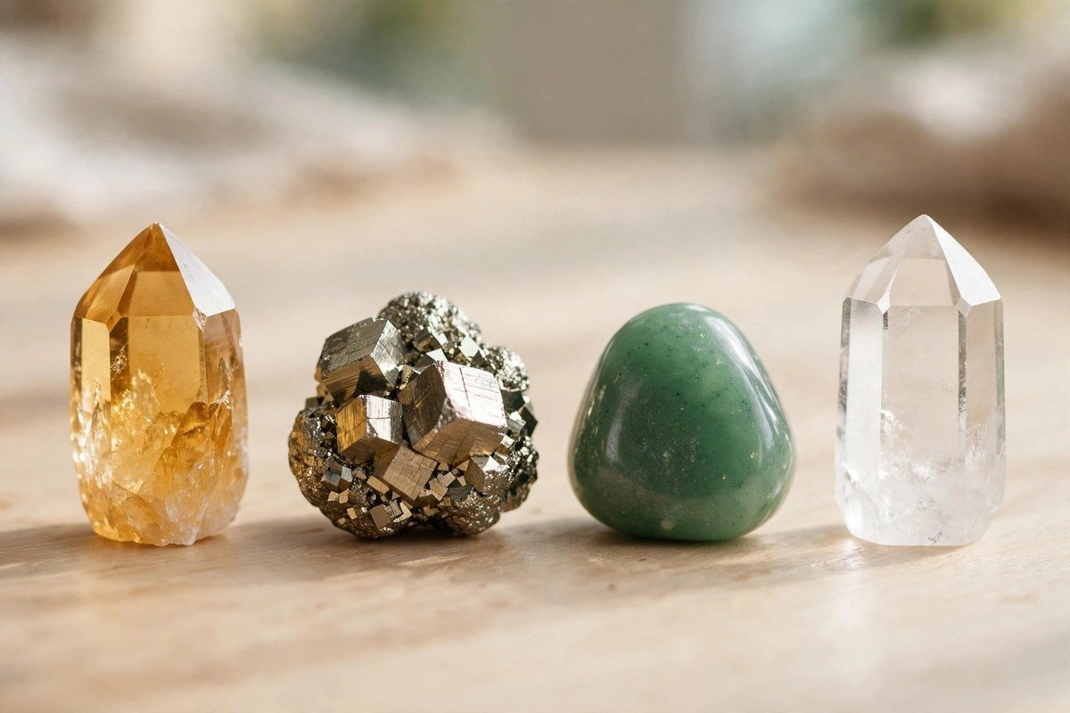 Citrine, pyrite, green aventurine, and clear quartz crystals lined up on a wooden table