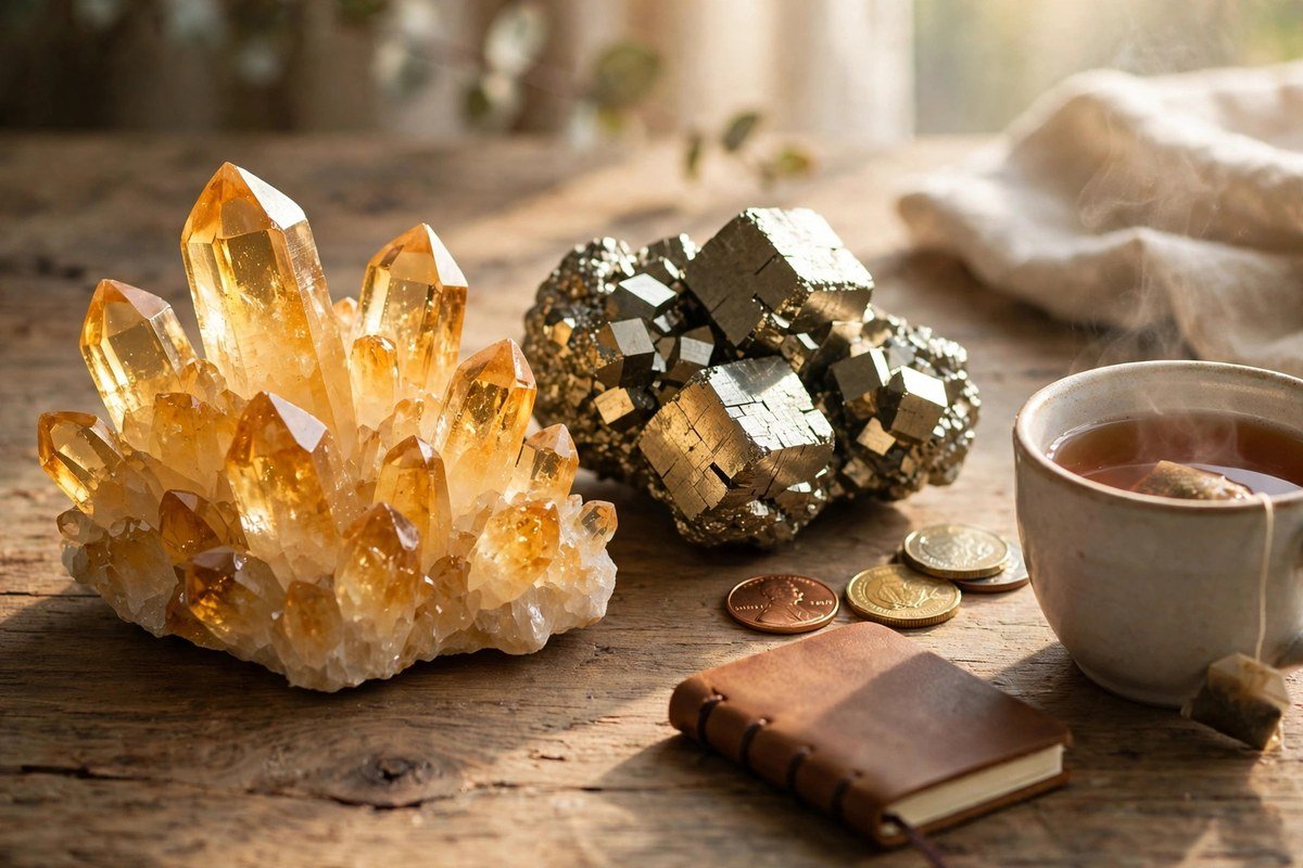 Golden citrine and pyrite crystals on a wooden desk beside coins, a notebook, and a cup of tea
