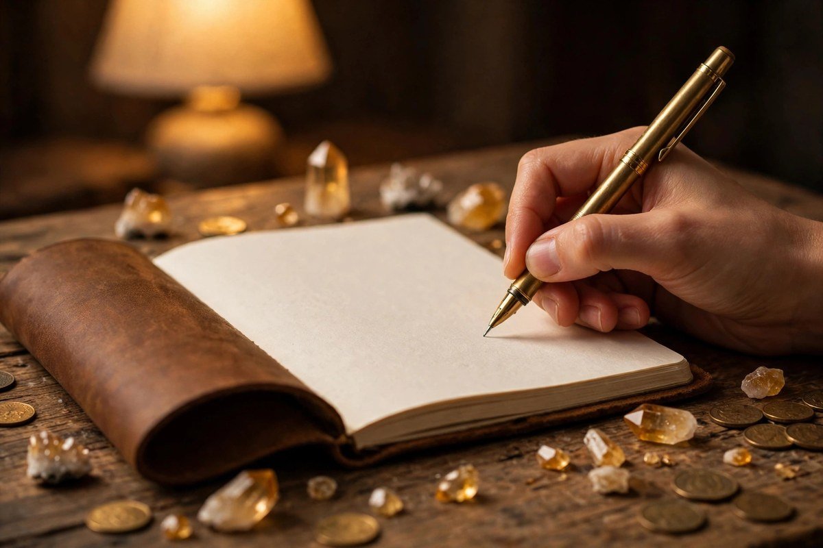 A hand writing in a journal on a desk with small golden crystals and coins nearby