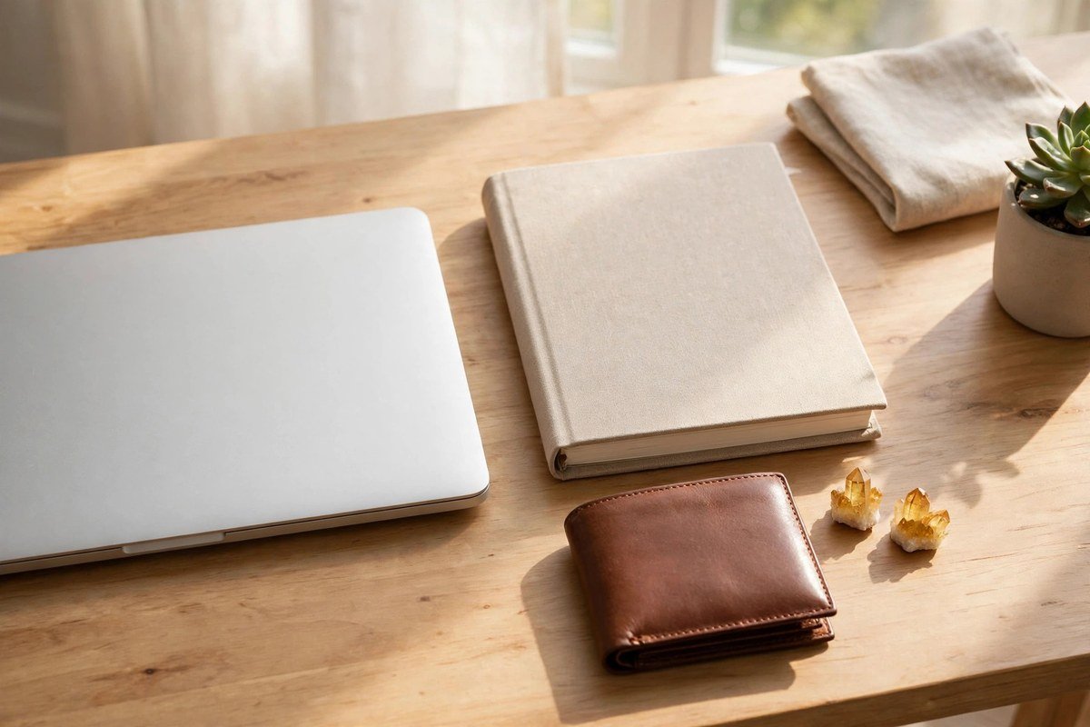 A tidy work desk with a laptop, planner, wallet, and two small golden crystals