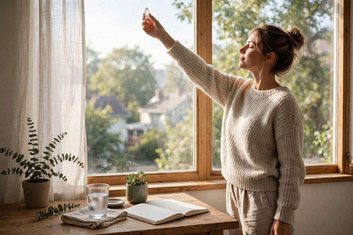 A person by a bright window holding a small crystal, with water and a notebook on a table