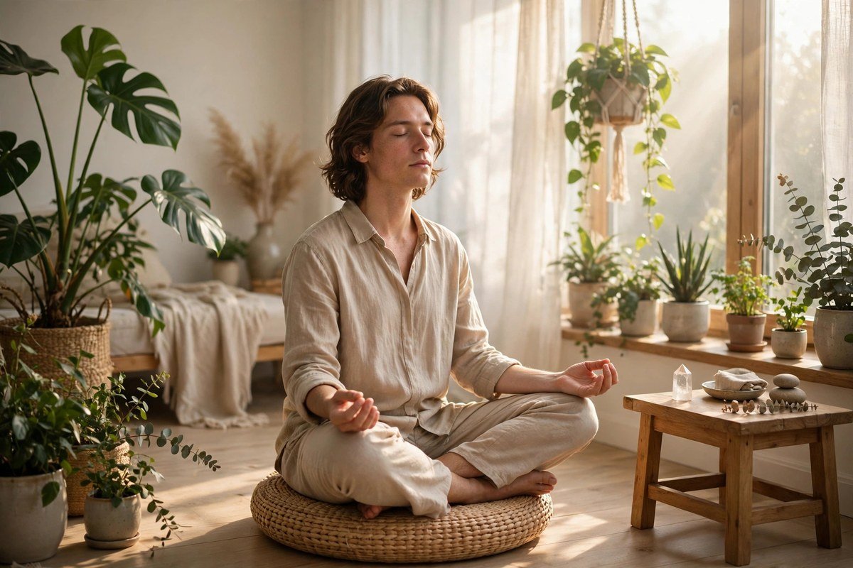 A calm person meditating in a bright room with plants and a small crystal nearby