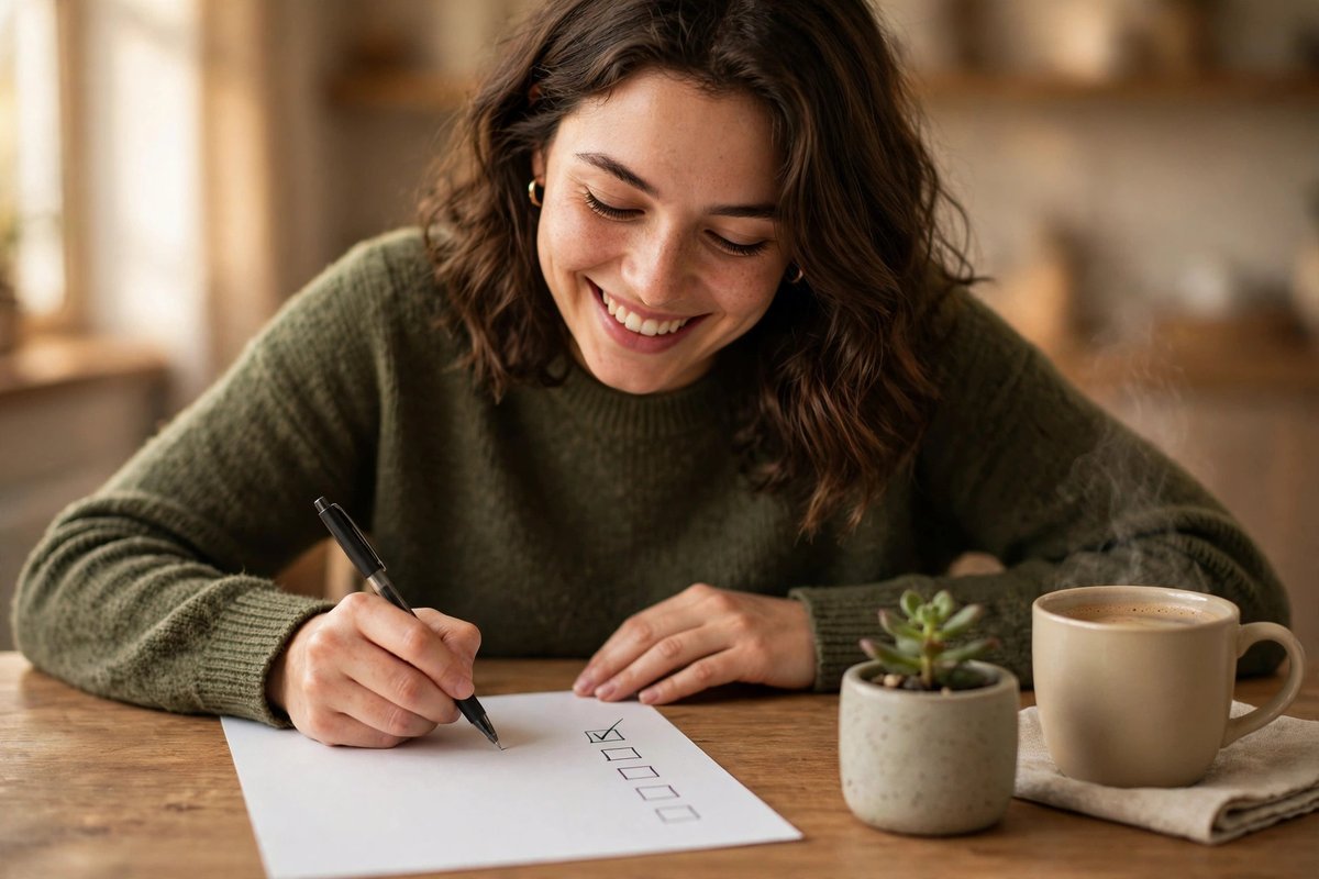 A happy person checking off a small goal on a paper list at a desk with a plant and coffee nearby