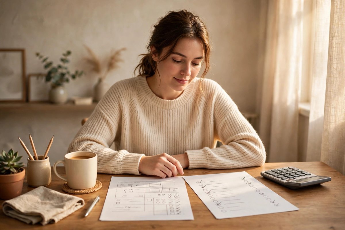 A calm woman at a tidy desk reviewing a simple budget and a debt payoff list with a calculator nearby