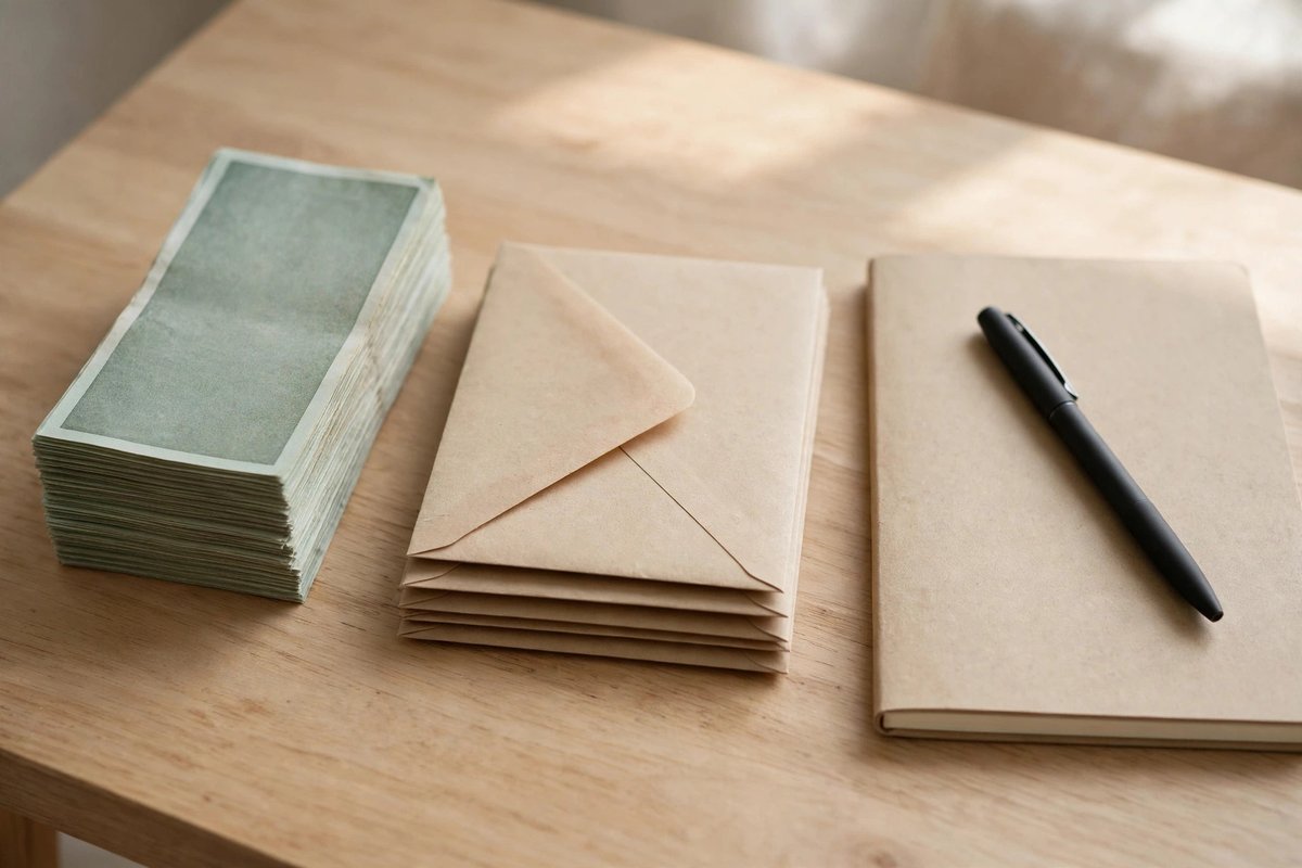 A neat stack of bills and envelopes organized on a desk beside a notebook and pen