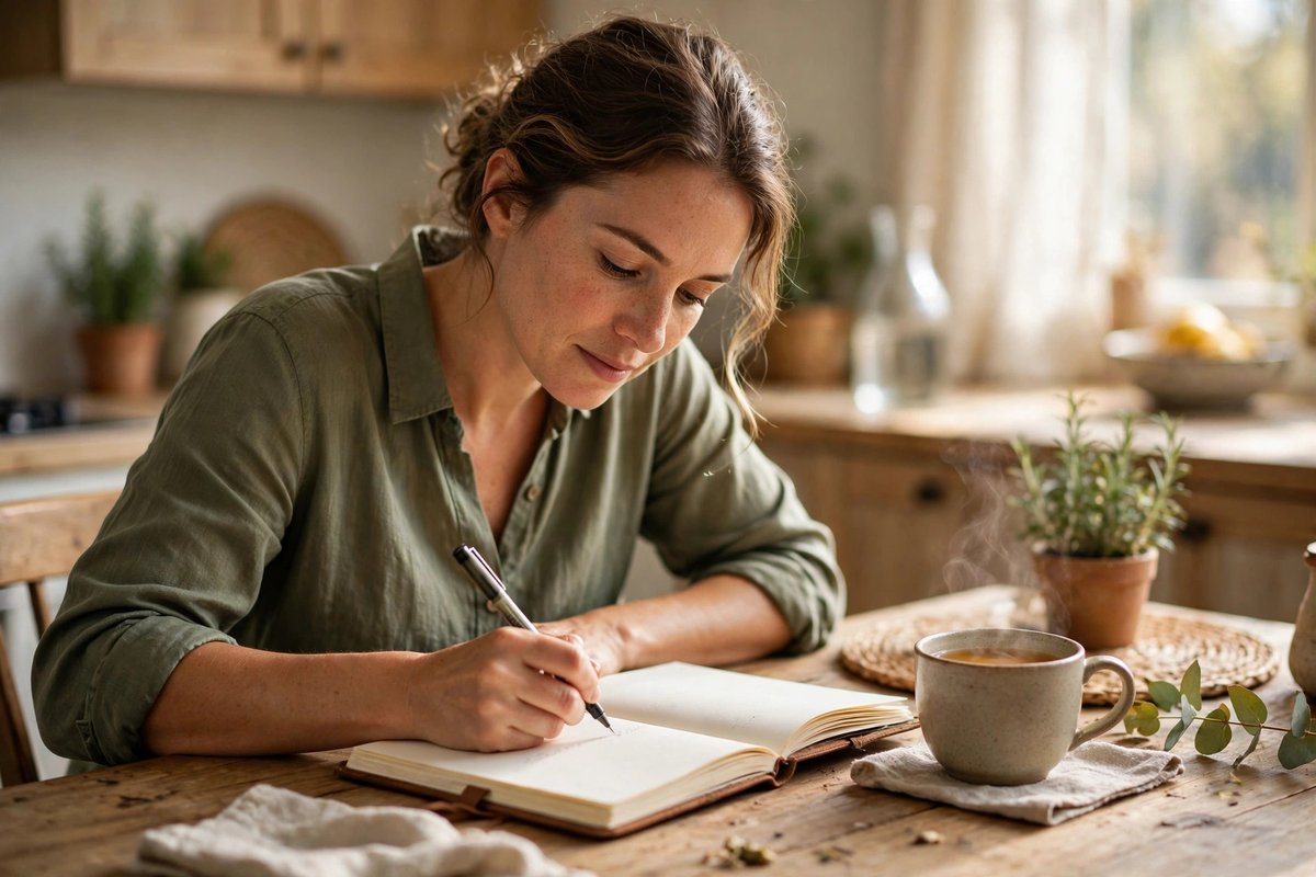 A person writing in a journal at a sunny kitchen table with a cup of tea nearby