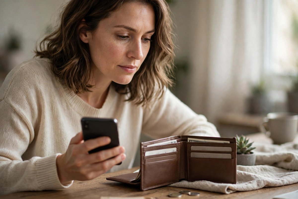A person pausing thoughtfully before an online purchase, holding a phone and looking at a wallet on a desk