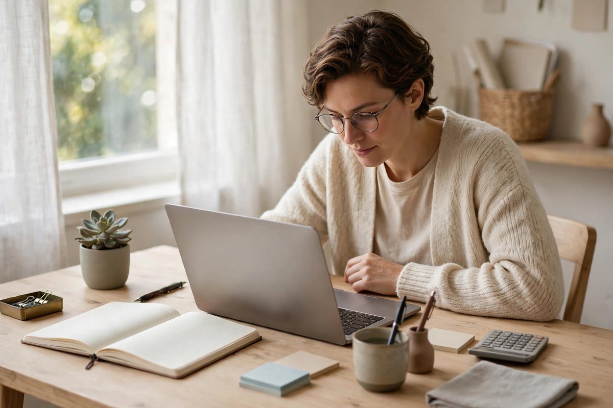 A person planning a monthly budget on a laptop at a bright desk with a notebook and a small plant