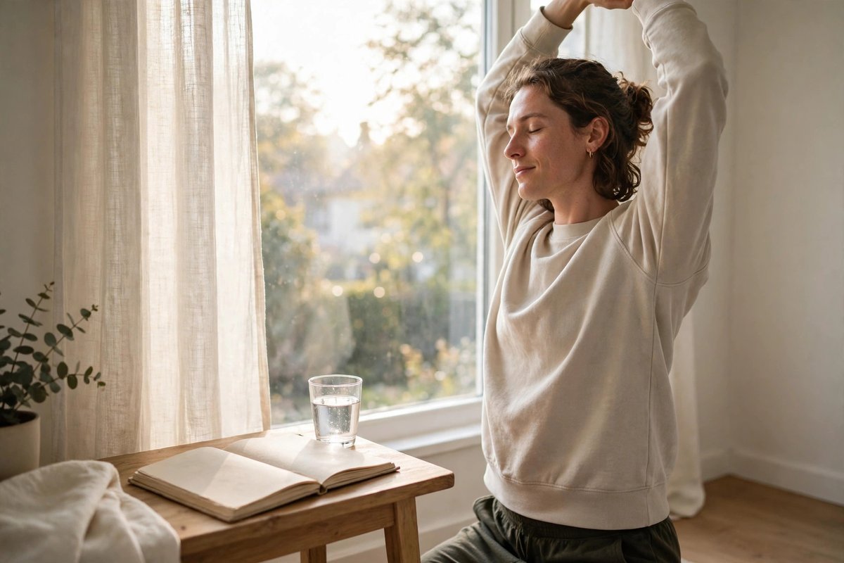 A person starting a calm morning routine by a bright window with a notebook and a glass of water