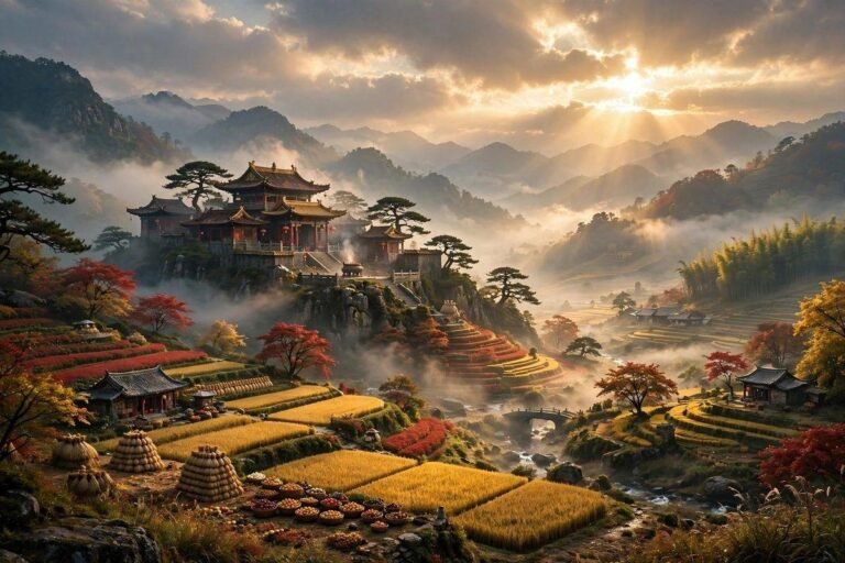 Forbidden China Wealth review — misty ancient Chinese mountain temple at dawn in golden light