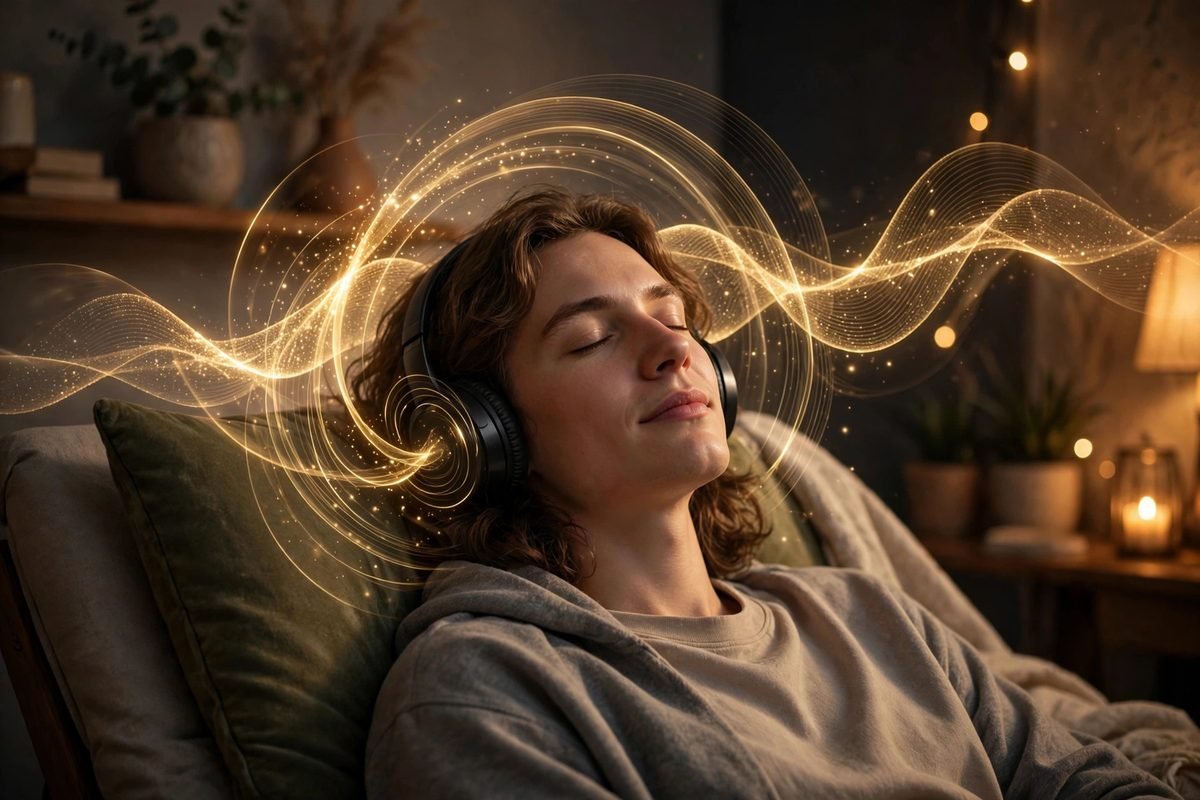 How the forbidden sound works — person relaxing with headphones surrounded by golden sound waves