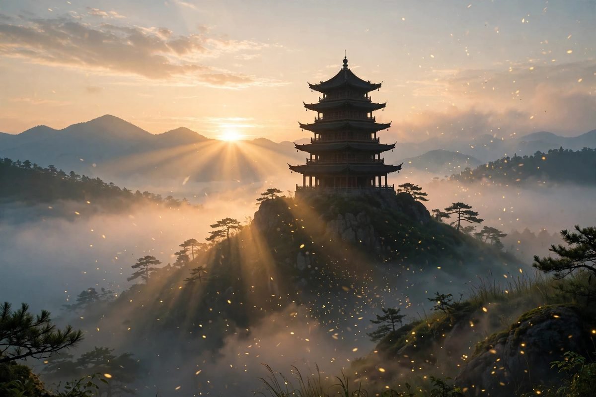 What is Forbidden China Wealth — ancient Chinese pagoda on a misty hill at sunrise with golden light