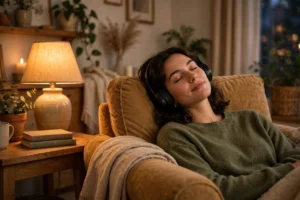 A person relaxing with headphones in a cozy chair
