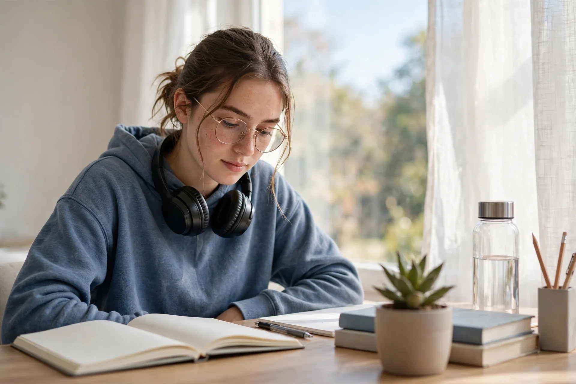Student studying at a desk with headphones nearby