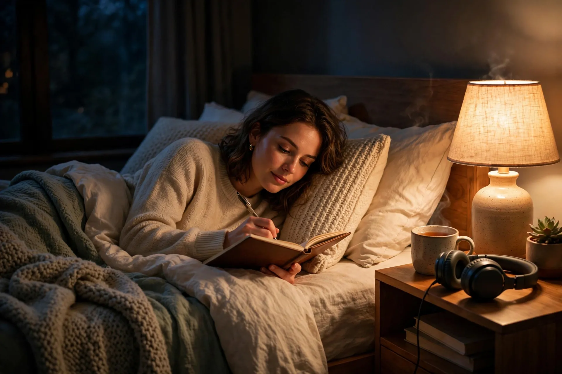 Woman journaling in bed at night with headphones on the nightstand