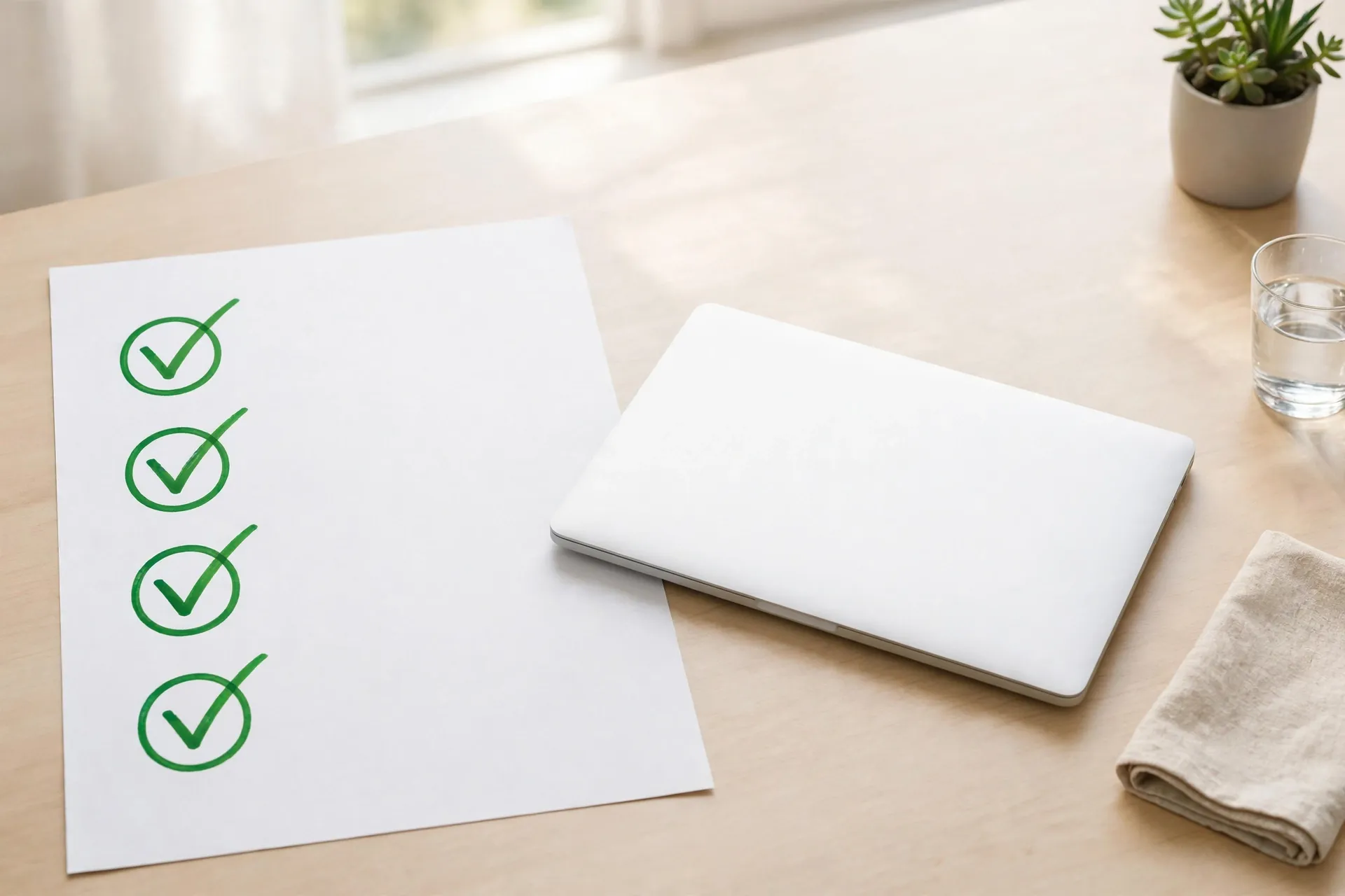 Checklist with green checkmarks beside a laptop