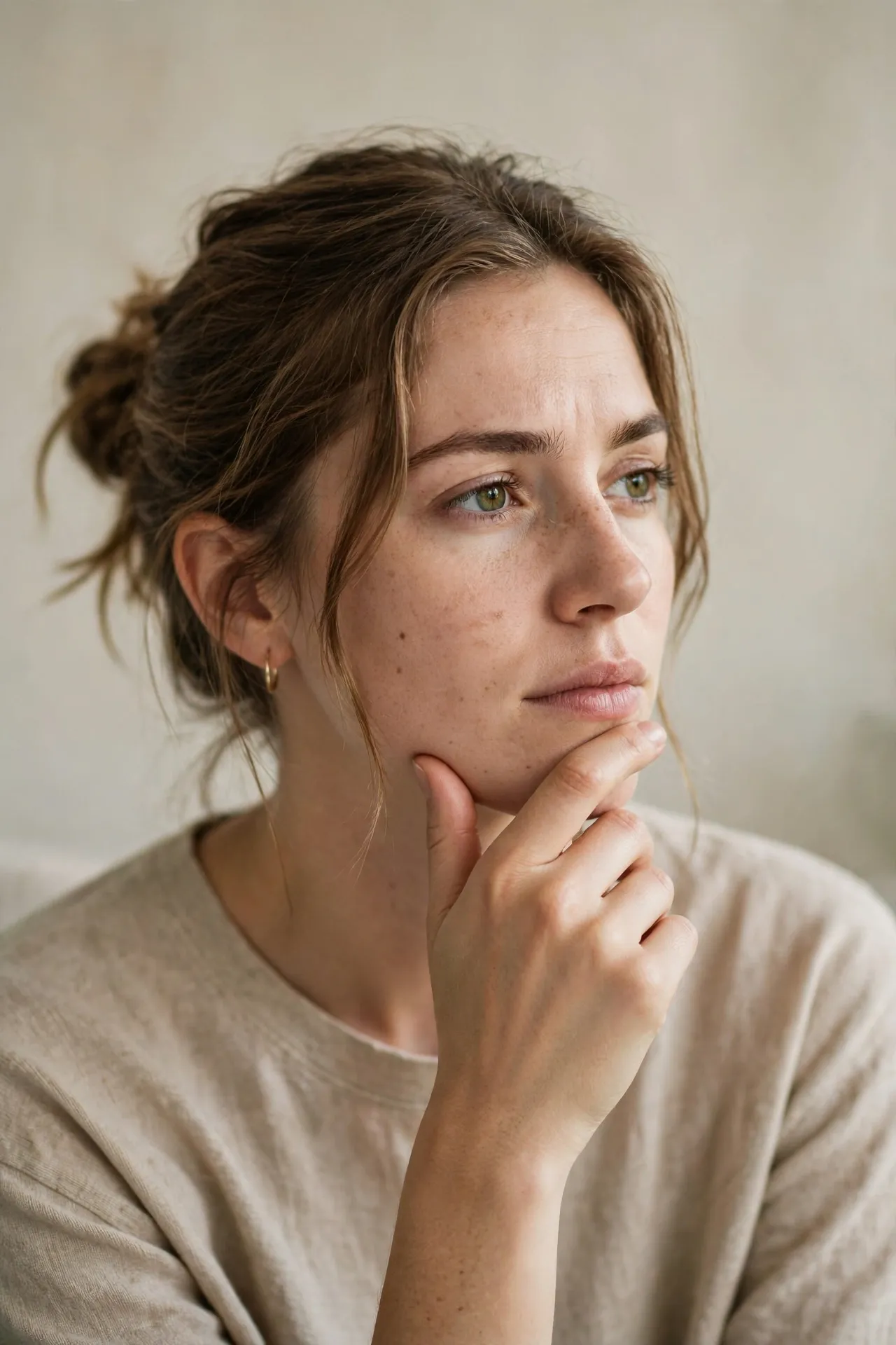 Person pausing to think with hand on chin