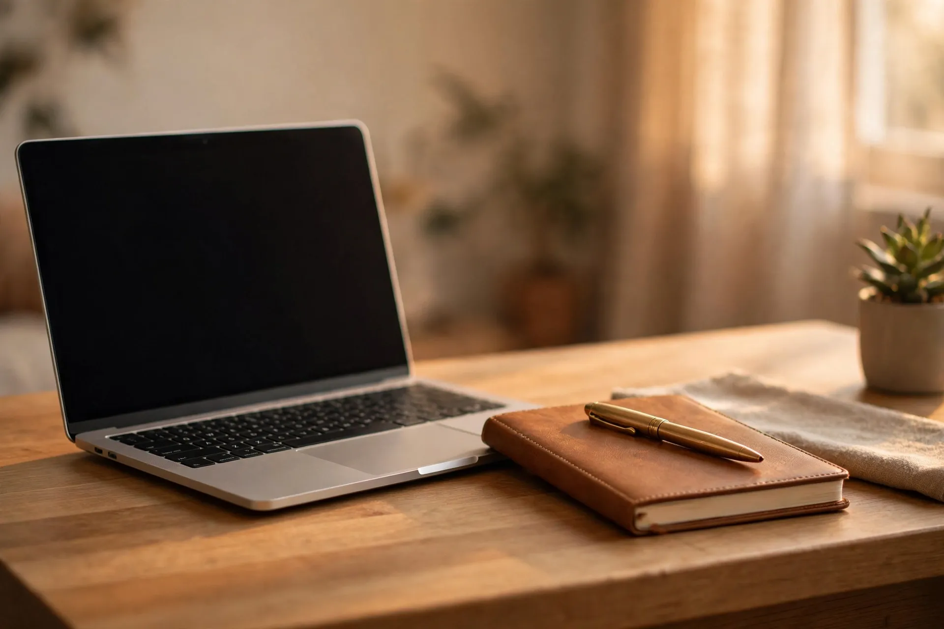 Laptop on a desk next to a notebook and pen