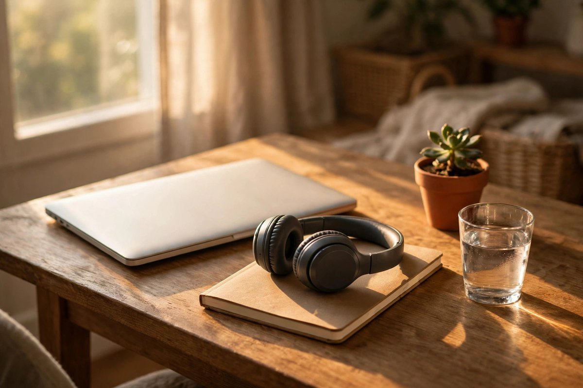 Headphones on a notebook beside a laptop and a glass of water on a sunny desk