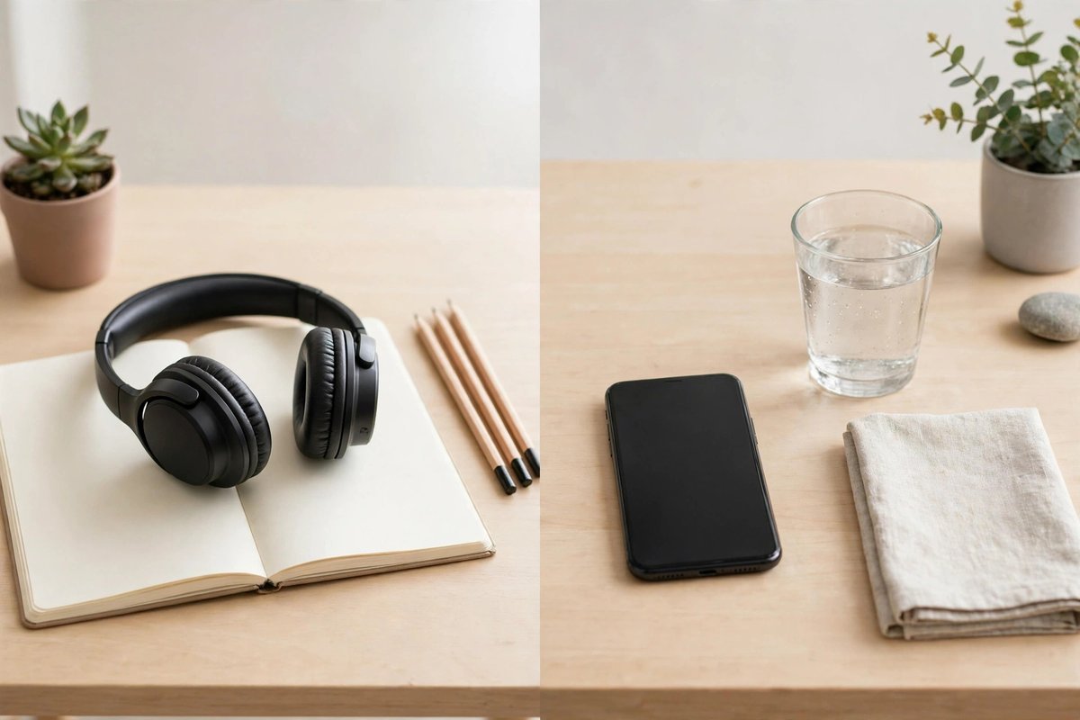 Two tidy desks, one with headphones and one with a phone timer and water