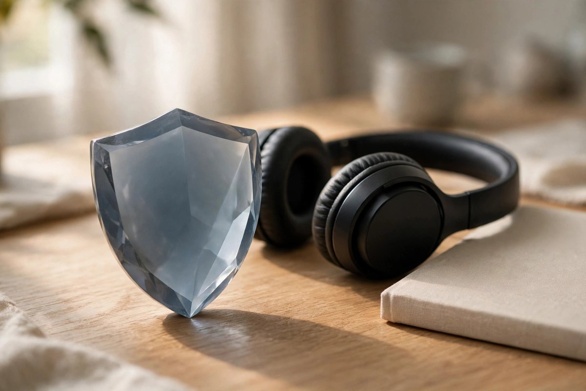 A desk with headphones and a notebook in soft reassuring light