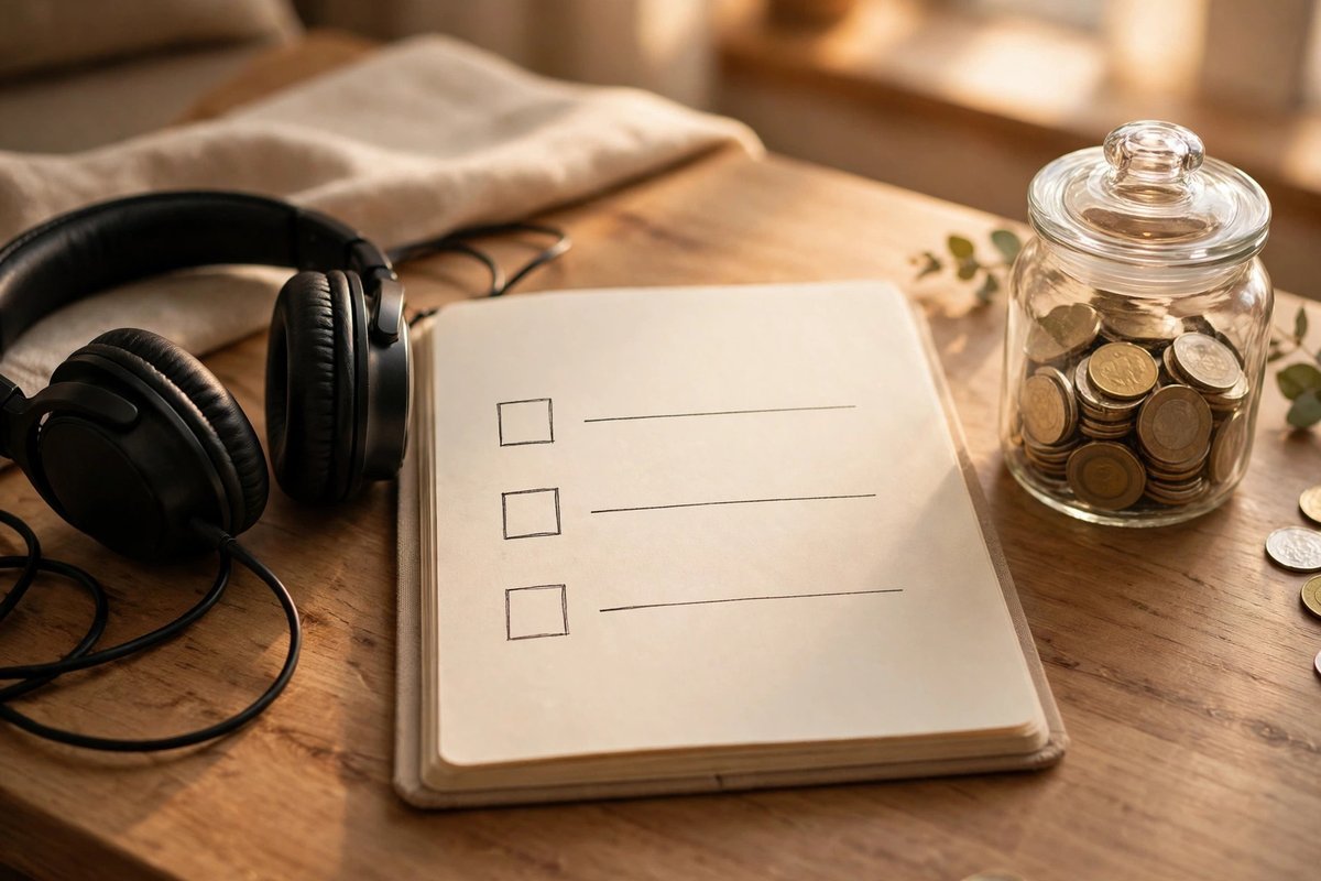Headphones and a notebook on a desk beside a small savings jar