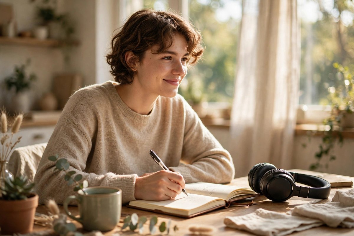 A person writing in a journal at a sunny desk with headphones nearby