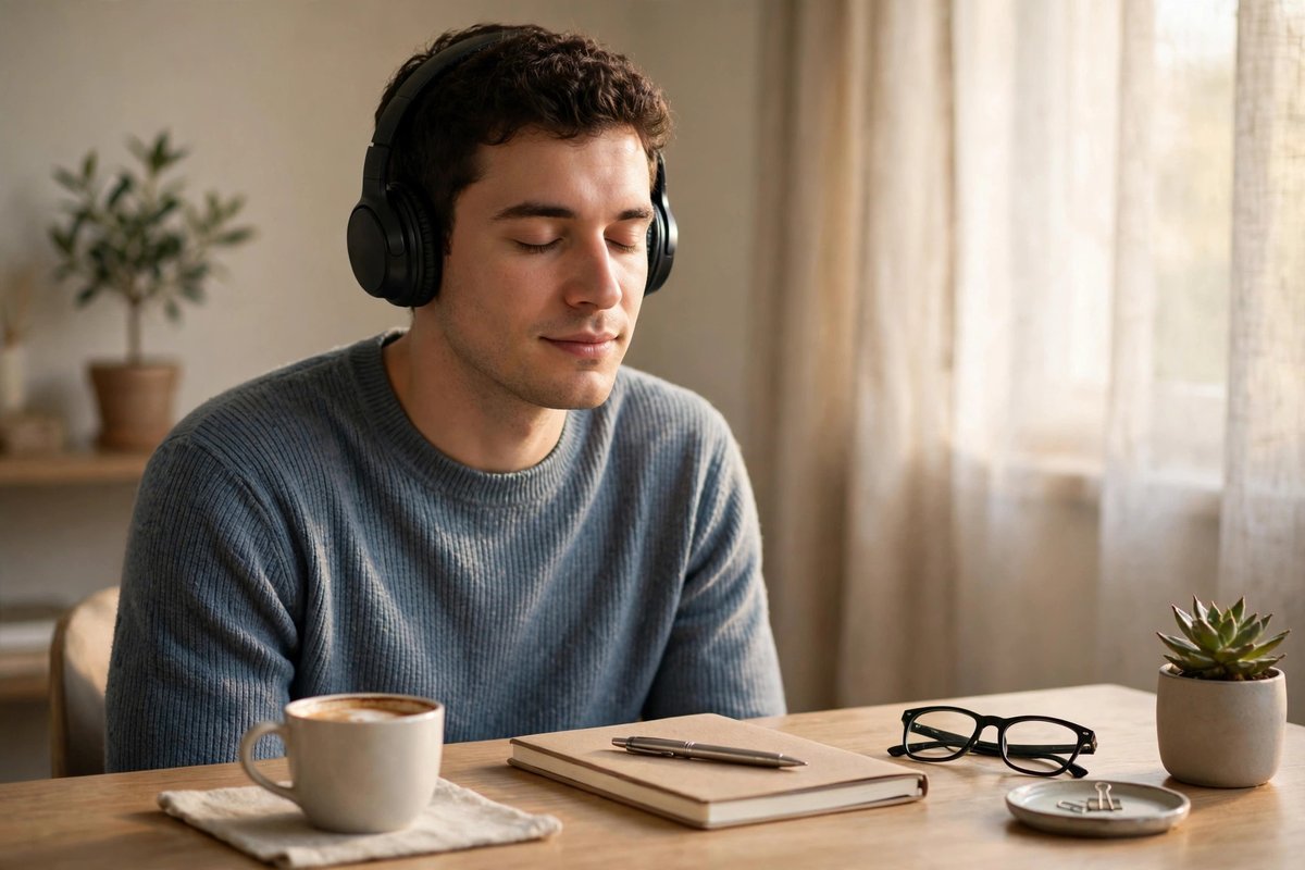 A person listening with headphones at a tidy desk in soft morning light