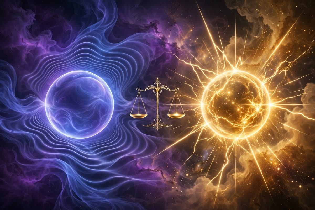 Two glowing orbs, violet theta waves and golden focus rays, balanced on golden scales for comparison