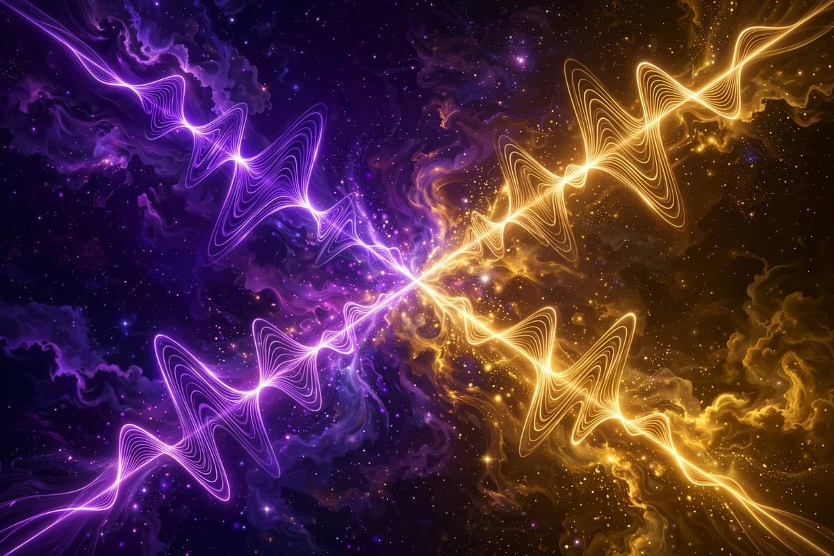 Two glowing sound-wave streams, purple and gold, crossing in cosmic space for a product comparison