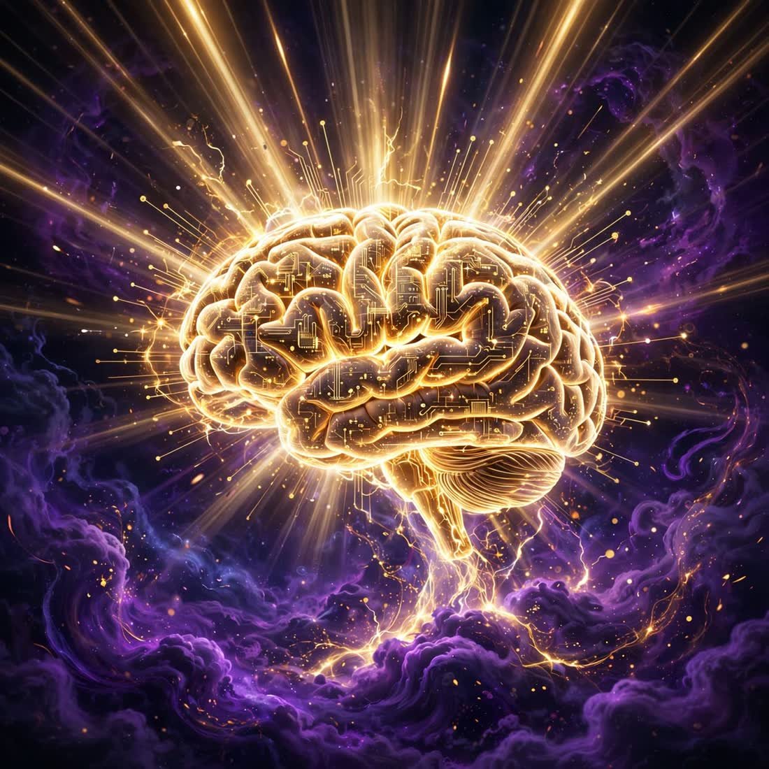 Golden glowing brain with light rays of focus rising from purple cosmic clouds