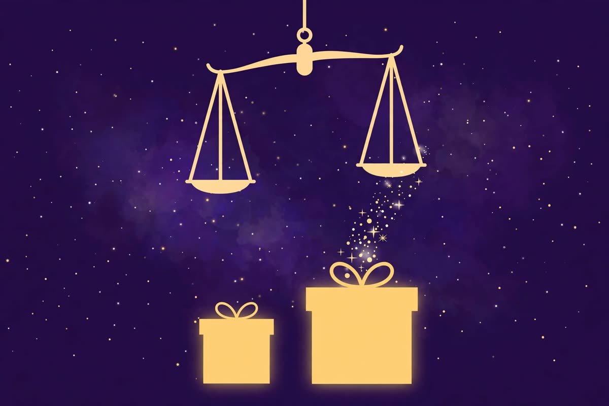 Golden gift boxes of different sizes on a balance scale, symbolizing price and value comparison
