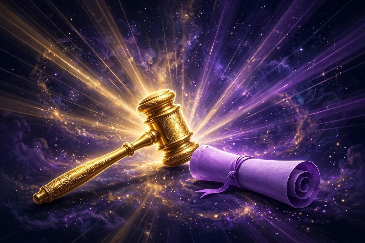 Golden gavel and glowing purple scroll on a cosmic background, symbolizing the final verdict