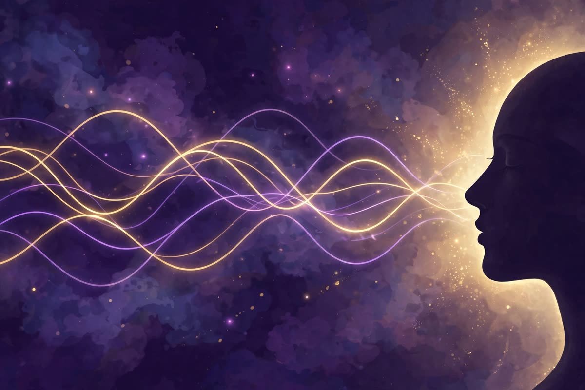 Calm head silhouette with flowing golden and violet theta wave lines in cosmic space