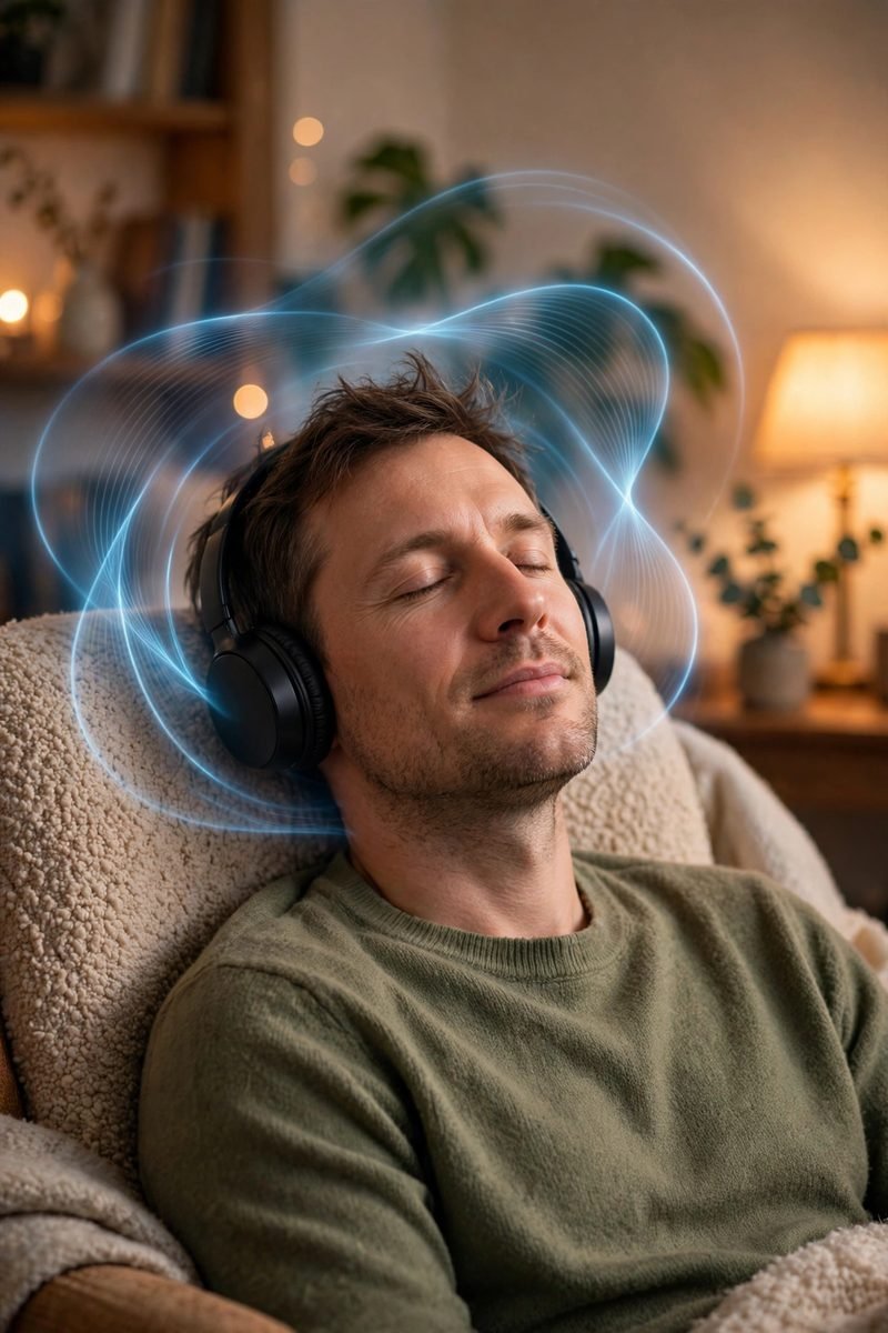 Person relaxing with headphones while soft blue sound waves flow around their head