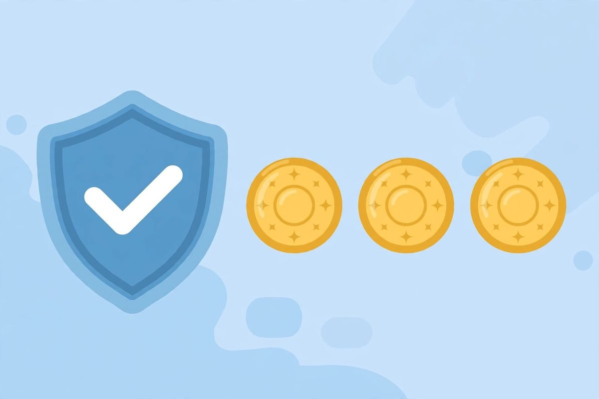 Shield with checkmark next to coins symbolizing the money-back guarantee