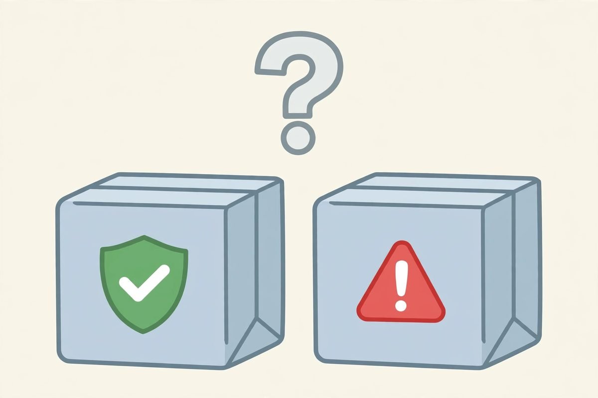 Two similar product boxes, one marked with a green check shield and one with a red warning triangle