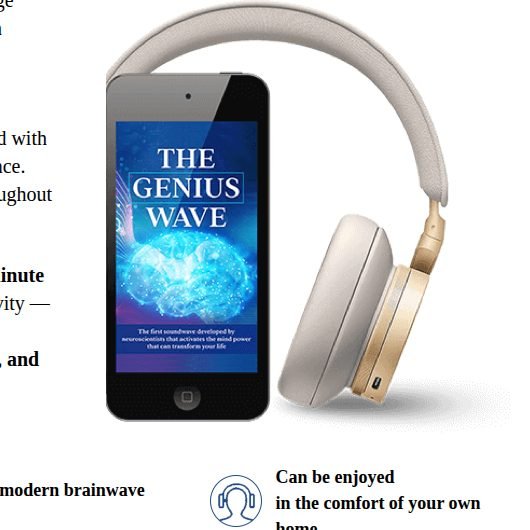 The Genius Wave official product cover art showing a smartphone with the product artwork and headphones
