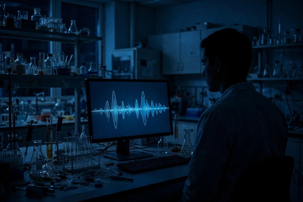 Calm laboratory scene with sound wave graphics on a screen